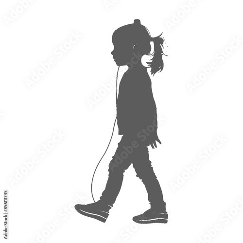 Silhouette of Young Girl Walking with Headphones on White Background