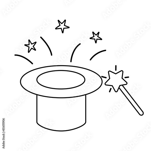 Wizard or magician hat and magic wand, doodle style flat vector outline for coloring book