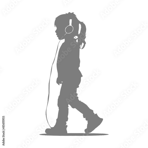 Silhouette of a Girl Walking, Lost in Music with Headphones.