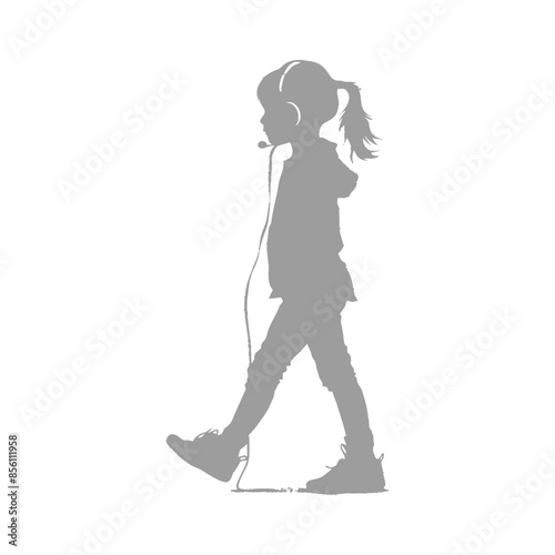 Girl Silhouette: Headphones, Walking, Isolated on White.