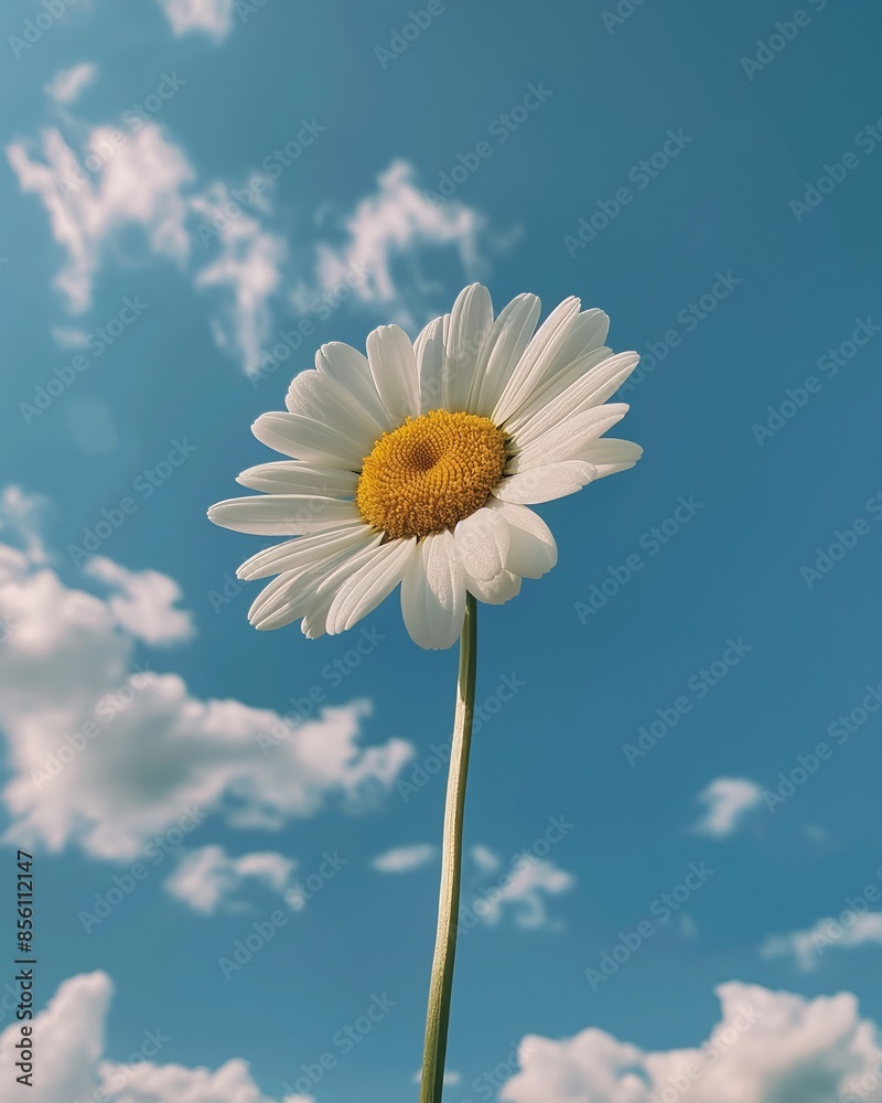 Bright and cheerful single daisy flower reaching towards a vivid blue sky with white clouds, expressing hope and happiness Bright and cheerful single daisy flower reaching towards a vivid blue sky with white clouds, expressing hope and happiness