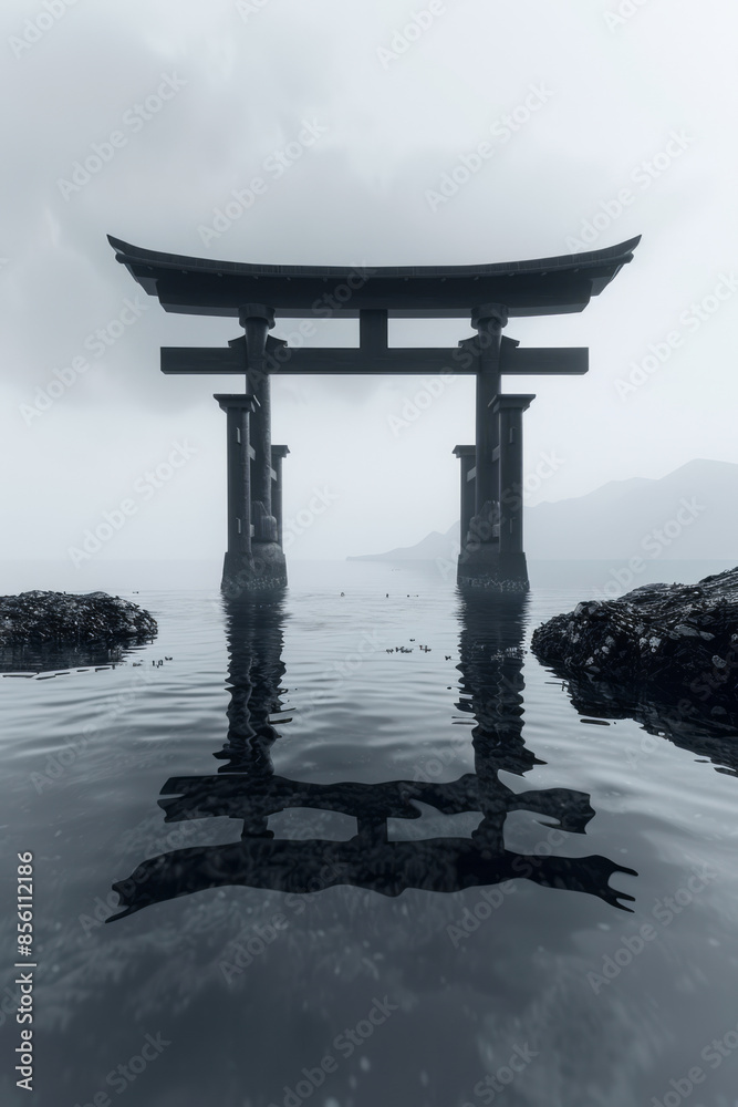 Abstract Torii gate in a minimalist 3D scene with smooth, monochromatic surfaces, Abstract Torii gate in a minimalist 3D scene with smooth, monochromatic surfaces,