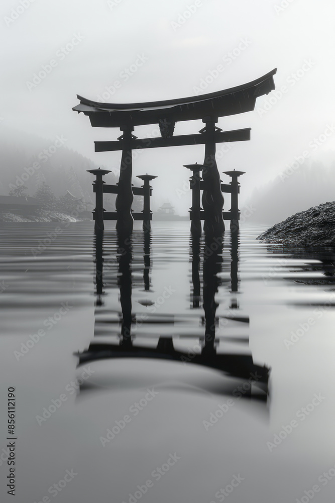 Abstract Torii gate in a minimalist 3D scene with smooth, monochromatic surfaces, Abstract Torii gate in a minimalist 3D scene with smooth, monochromatic surfaces,
