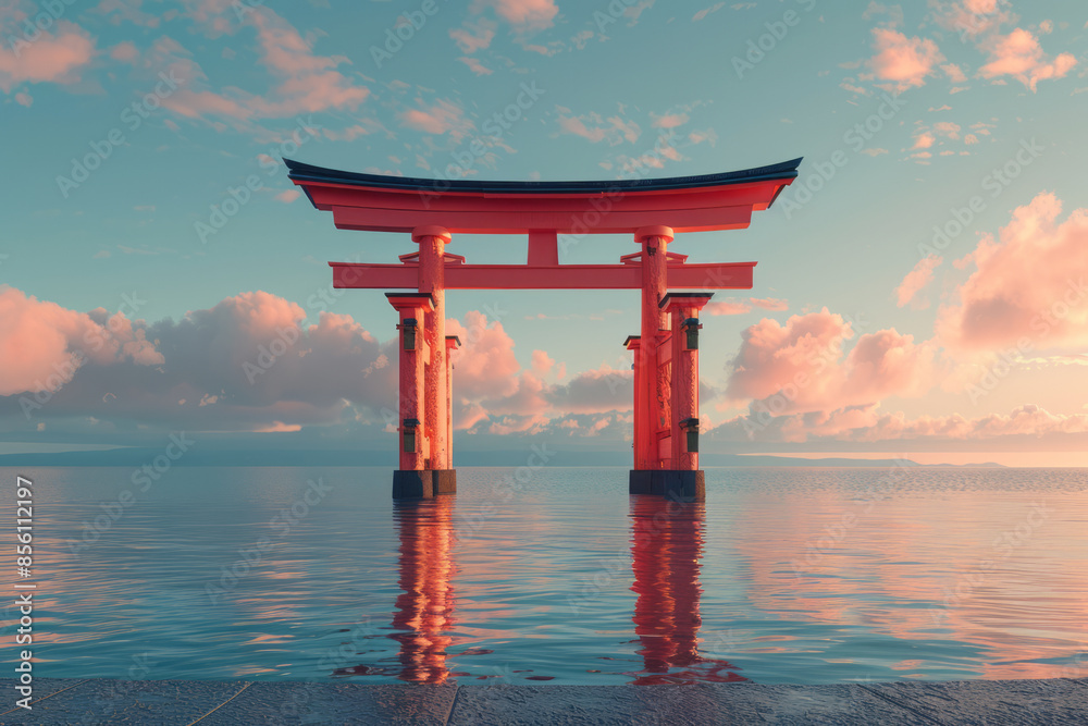 Minimalist 3D rendering of a Torii gate with simple geometric shapes, Minimalist 3D rendering of a Torii gate with simple geometric shapes,