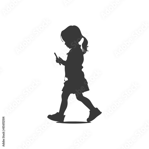 Silhouette of a Little Girl Walking and Using a Smartphone.
