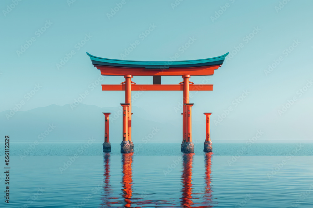 Clean and minimalist 3D Torii gate with a focus on form and simplicity, Clean and minimalist 3D Torii gate with a focus on form and simplicity,