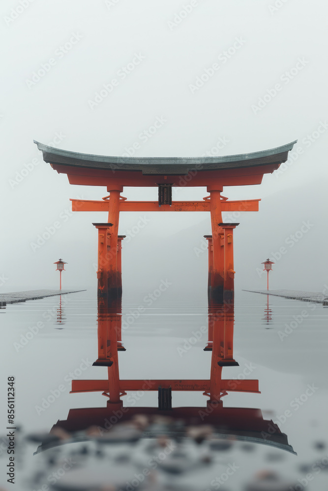 Abstract Torii gate in a minimalist 3D scene with a focus on negative space, Abstract Torii gate in a minimalist 3D scene with a focus on negative space,