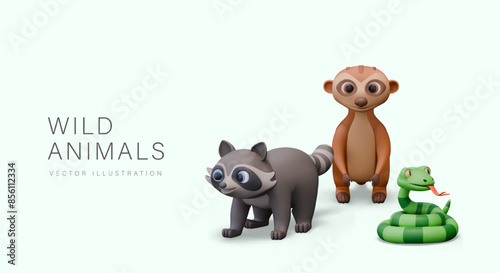 Vector creative concept with wild animals. 3D raccoon, meerkat, green snake