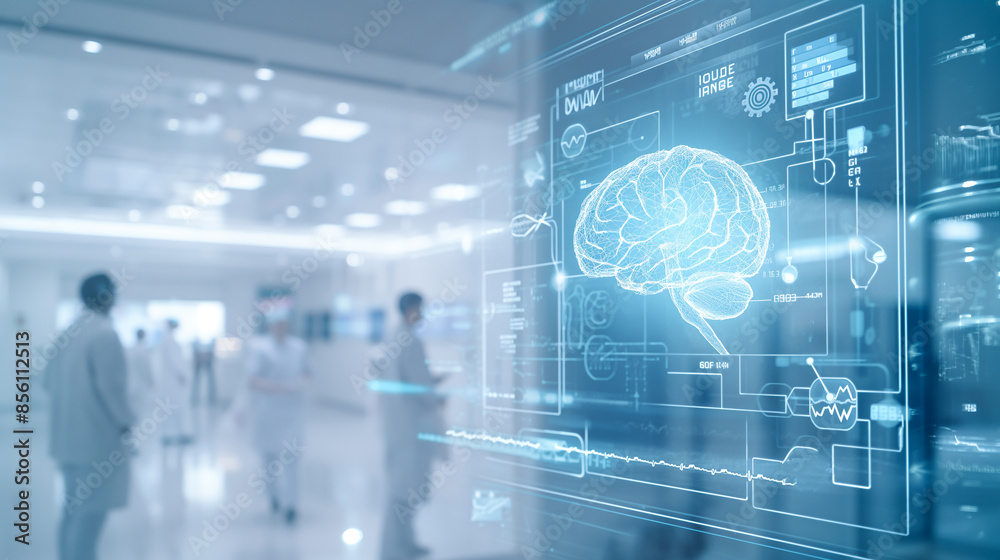 A futuristic lab displays a digital hologram of a brain, with doctors and scientists in the background, highlighting advanced medical technology and research. A futuristic lab displays a digital hologram of a brain, with doctors and scientists in the background, highlighting advanced medical technology and research.