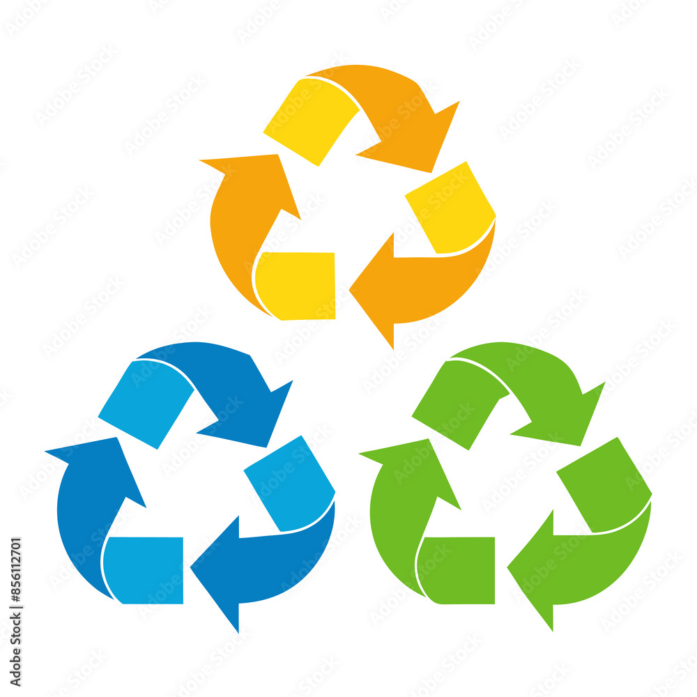 A set of three colorful recycling symbols displayed on a white background A set of three colorful recycling symbols displayed on a white background