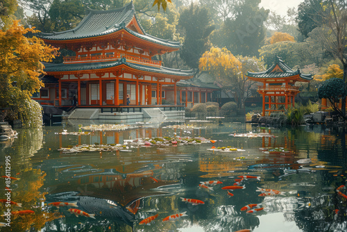 A serene temple mirrored in the calm waters of a garden pond,