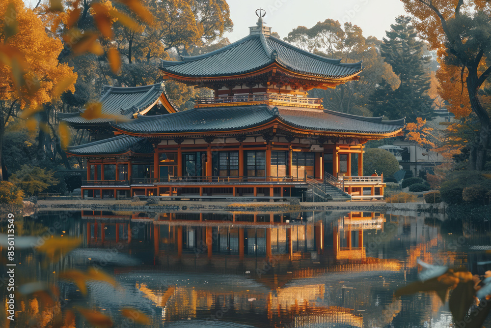 Temple reflections in the calm waters of a serene park pond, Temple reflections in the calm waters of a serene park pond,