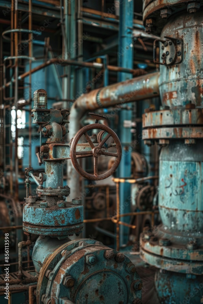 A photo of old pipes and valves in a building, ideal for use as a background or reference image A photo of old pipes and valves in a building, ideal for use as a background or reference image