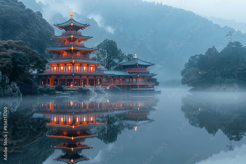 Obraz premium A grand temple and its reflection in the clear waters of a mountain lake at dawn,