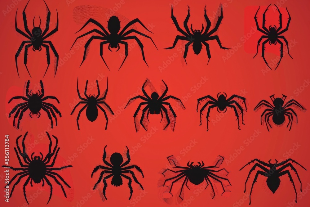 A cluster of spider silhouettes on a bright red background A cluster of spider silhouettes on a bright red background