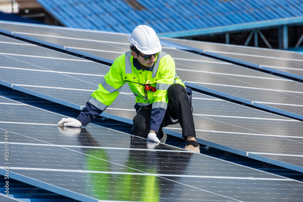 Professional Engineer Service Solar Panel. Worker Maintenance Cleaning Replacing Solar Panel. Solar photovoltaic panel system in Industry roof. Saving Energy with Clean Power. Professional Engineer Service Solar Panel. Worker Maintenance Cleaning Replacing Solar Panel. Solar photovoltaic panel system in Industry roof. Saving Energy with Clean Power.
