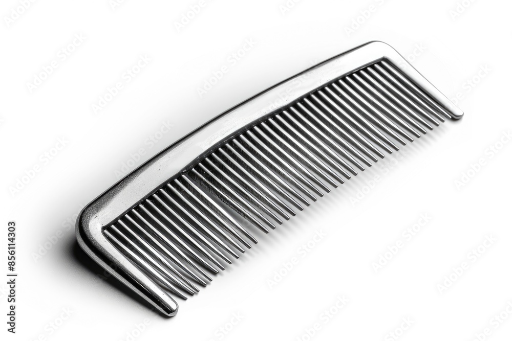 A close-up of a metal comb lying flat on a white background A close-up of a metal comb lying flat on a white background