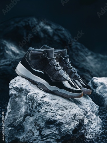 A pair of black and grey high-top sneakers on a rock.

 photo