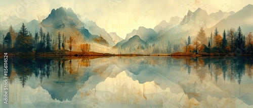 lake and misty mountains reflected in calm water surrounded by green forest and scenic hills under blue sky with fluffy white clouds and sunlight filtering through trees in a peaceful autumn scenery photo