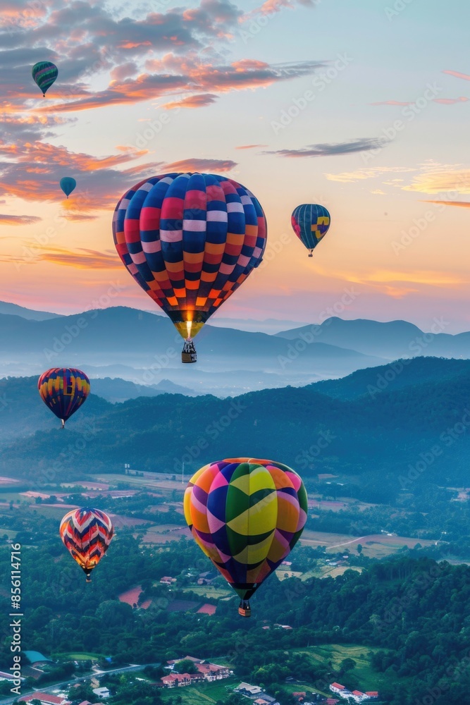 Obraz premium Aerial view of colorful hot air balloons soaring through the sky
