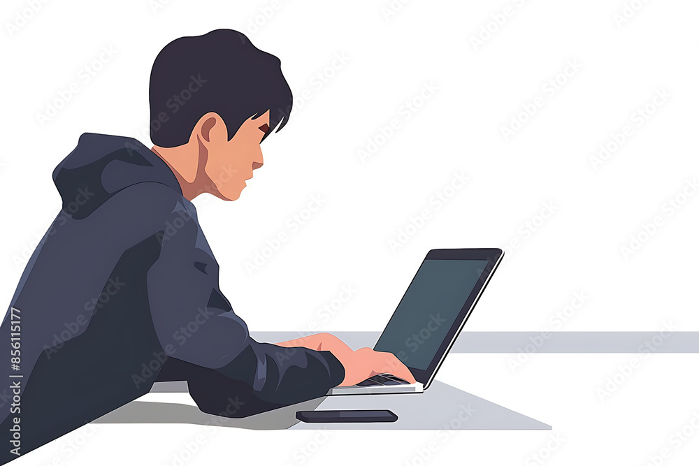 A man working on a laptop, depicted in a sleek flat design with minimalist aesthetics A man working on a laptop, depicted in a sleek flat design with minimalist aesthetics