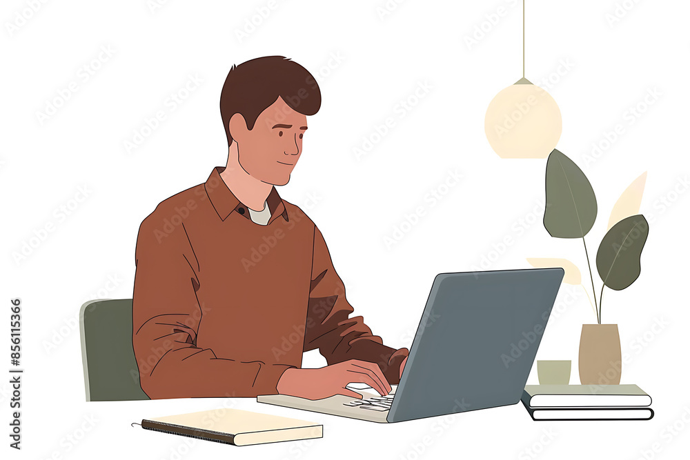 A man working on a laptop, depicted in a sleek flat design with minimalist aesthetics. A man working on a laptop, depicted in a sleek flat design with minimalist aesthetics.