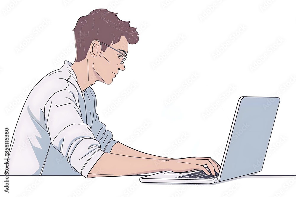 A man working on a laptop, depicted in a sleek flat design with minimalist aesthetics. A man working on a laptop, depicted in a sleek flat design with minimalist aesthetics.