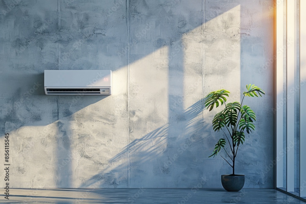 A houseplant sits in a pot next to a wall-mounted air conditioner, providing a touch of greenery in a modern setting A houseplant sits in a pot next to a wall-mounted air conditioner, providing a touch of greenery in a modern setting