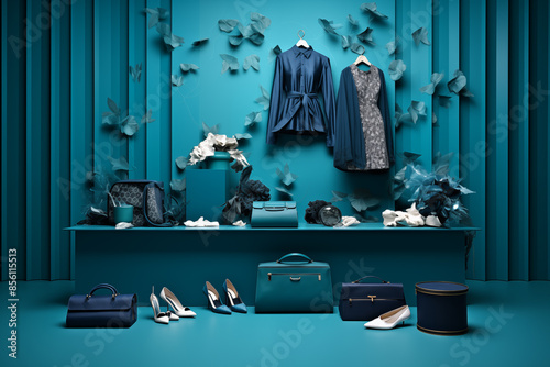 Elegant Display of Fashionable Blue Clothing and Accessories in a Stylish Boutique Setting