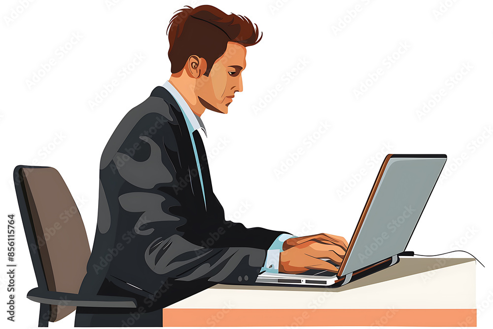 A man working on a laptop, depicted in a sleek flat design with minimalist aesthetics. A man working on a laptop, depicted in a sleek flat design with minimalist aesthetics.