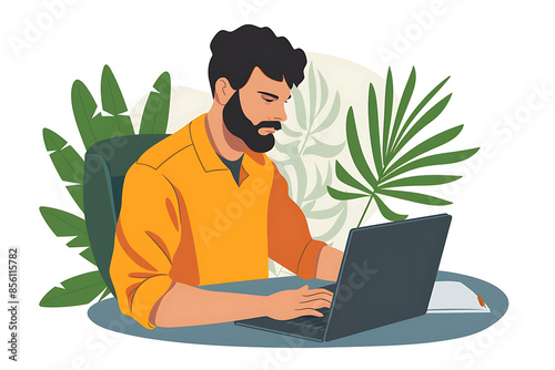 A man working on a laptop, depicted in a sleek flat design with minimalist aesthetics. © River Girl
