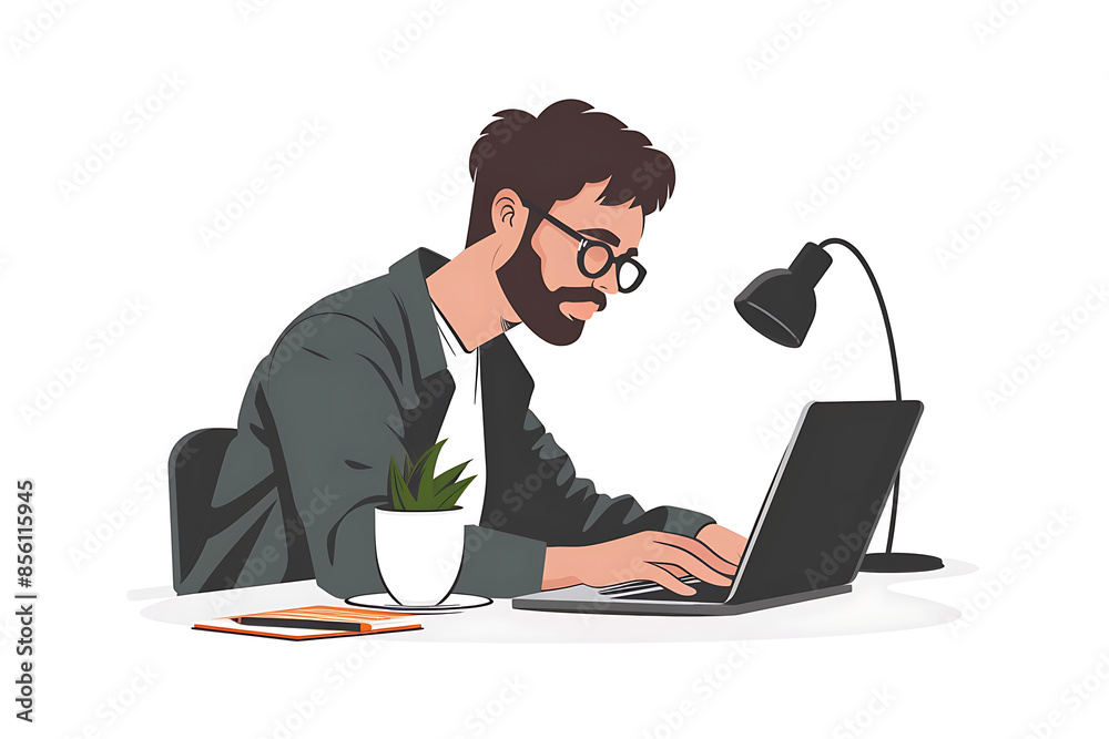A man working on a laptop, depicted in a sleek flat design with minimalist aesthetics. A man working on a laptop, depicted in a sleek flat design with minimalist aesthetics.