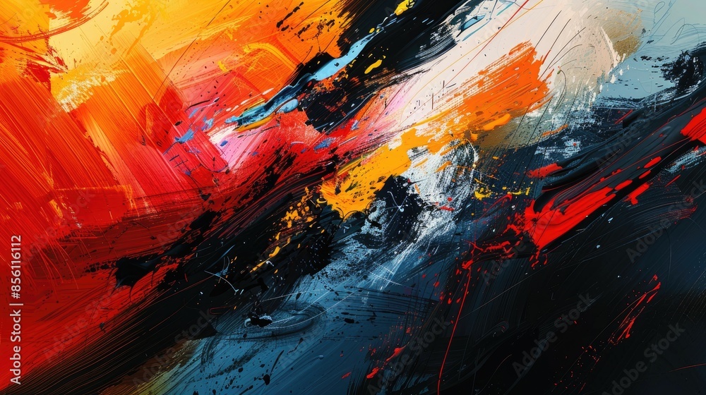 Naklejka premium Abstract art with vibrant colors and bold brushstrokes. A dynamic composition featuring red, orange, yellow, blue, and black. Suitable for contemporary design.