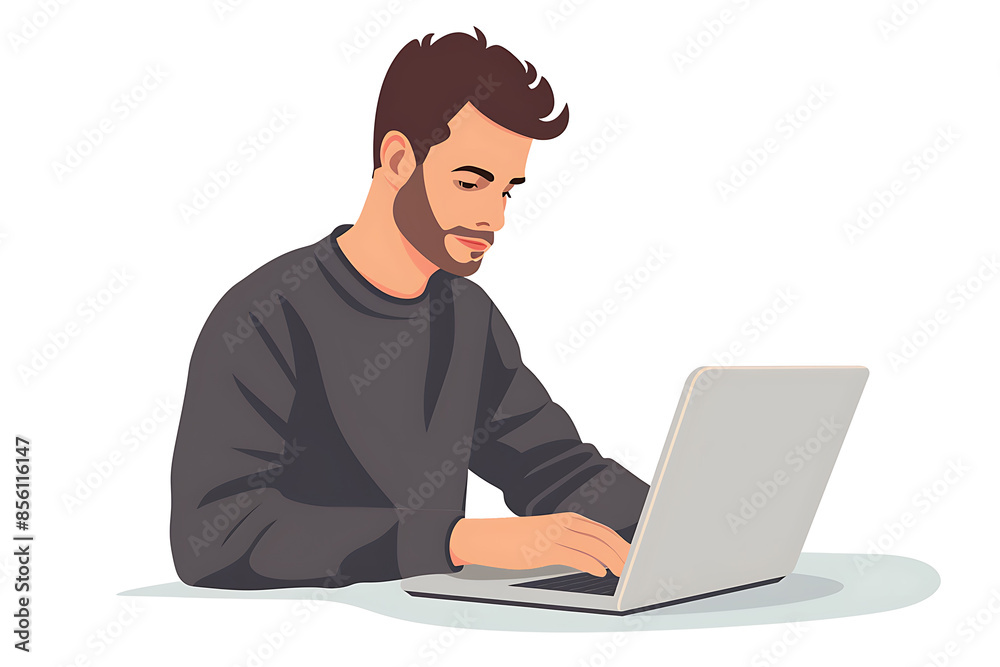 A man working on a laptop, depicted in a sleek flat design with minimalist aesthetics. A man working on a laptop, depicted in a sleek flat design with minimalist aesthetics.