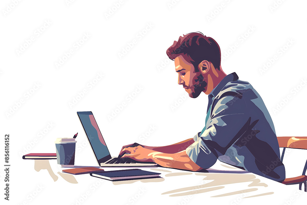 A man working on a laptop, depicted in a sleek flat design with minimalist aesthetics. A man working on a laptop, depicted in a sleek flat design with minimalist aesthetics.