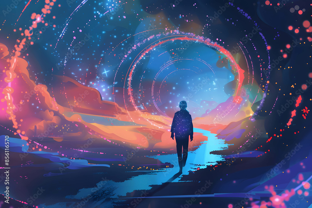 Internet of things concept, illustration of a person stepping from reality into a digital world, virtual reality, avatar in online Internet of things concept, illustration of a person stepping from reality into a digital world, virtual reality, avatar in online