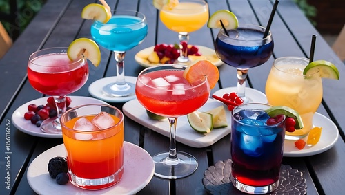 Different types of summer drinks in glasses cubes of ice and slice of fruits on dark wiooden table healthy vitamin fruit and berry drinks photo