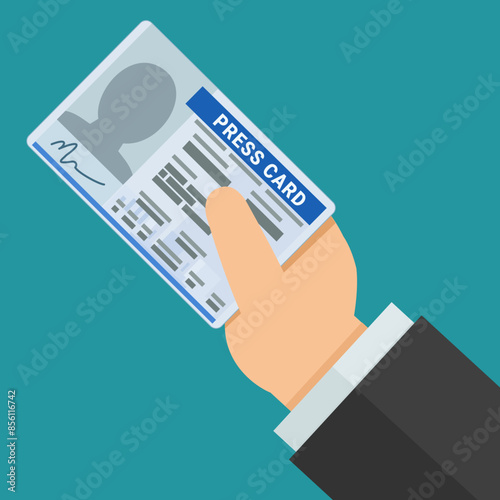 A hand presents a Press card on blue background in flat design style