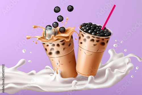 Bubble tea. Boba pearls and milk in motion, tapioca asian delicious drink, flowing ice cubes, cold summer beverages in plastic container. Realistic elements. Vector advertising illustration