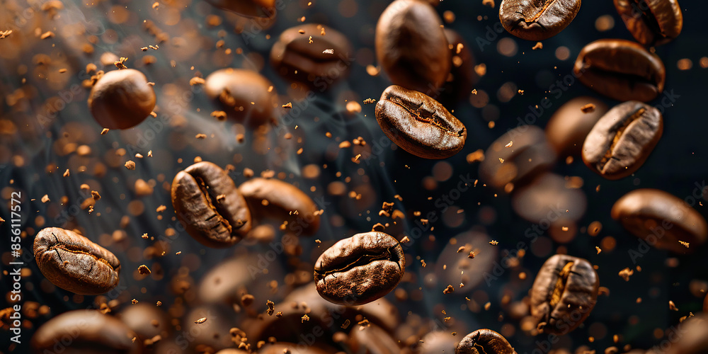 Fresh roasted coffee beans falling cinematic background wallpaper backdrop. Rich dark colors, fresh, hot, brown, brewing process, close up product shot Fresh roasted coffee beans falling cinematic background wallpaper backdrop. Rich dark colors, fresh, hot, brown, brewing process, close up product shot