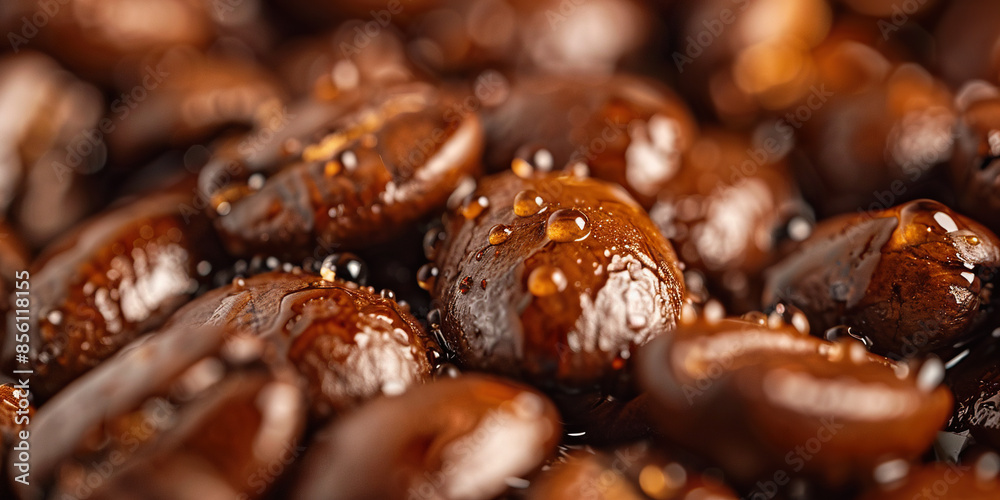 Fresh clean wet coffee beans close up cinematic background wallpaper backdrop. Dew, water drops, refreshing, rich dark colors, brown, brewing process, product shot Fresh clean wet coffee beans close up cinematic background wallpaper backdrop. Dew, water drops, refreshing, rich dark colors, brown, brewing process, product shot