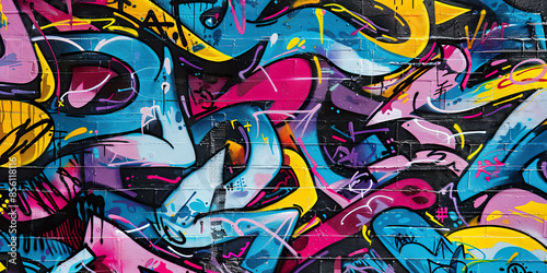 Wallpaper Mural Graffiti street art abstract mural spray paint background wallpaper Backdrop. Tags, wildstyle throw up, piece, expressive wall painting in blue, purple, yellow and pink colors Torontodigital.ca