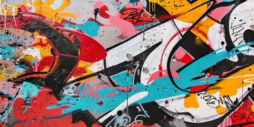 Graffiti street art abstract mural spray paint background wallpaper Backdrop. Tags, wildstyle throw up, piece, expressive wall painting in blue, yellow, red and white colors photo
