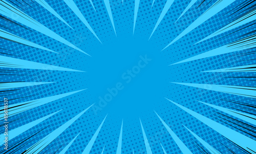 comic background with dot halftone and rays on blue