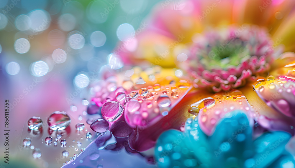 Colorful flower petals with water drop close up. Macro photography of gerbera flower petals with dew Colorful flower petals with water drop close up. Macro photography of gerbera flower petals with dew