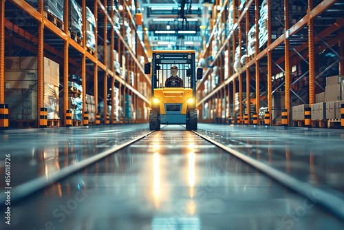 Capturing the dynamics of an industrial environment, this image features a forklift in a warehouse aisle, making it an excellent choice for an abstract wallpaper or background