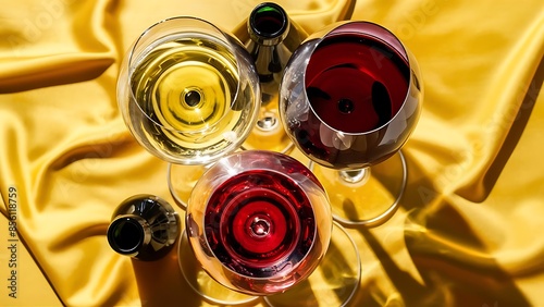 Glasses with white red and pink wine on yellow background top view