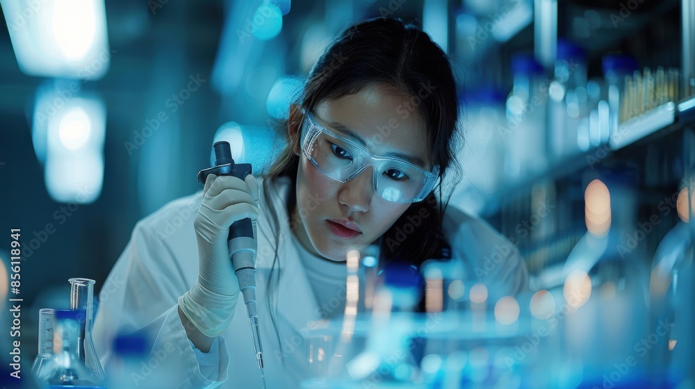 A woman in a lab coat is looking at a microscope A woman in a lab coat is looking at a microscope