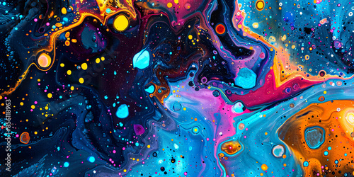 Abstract fluid art acrylic paint pour medium background wallpaper backdrop. Colorful swirling colors, purple, blue, orange, red, green, artistic composition with copy space © Ars Nova