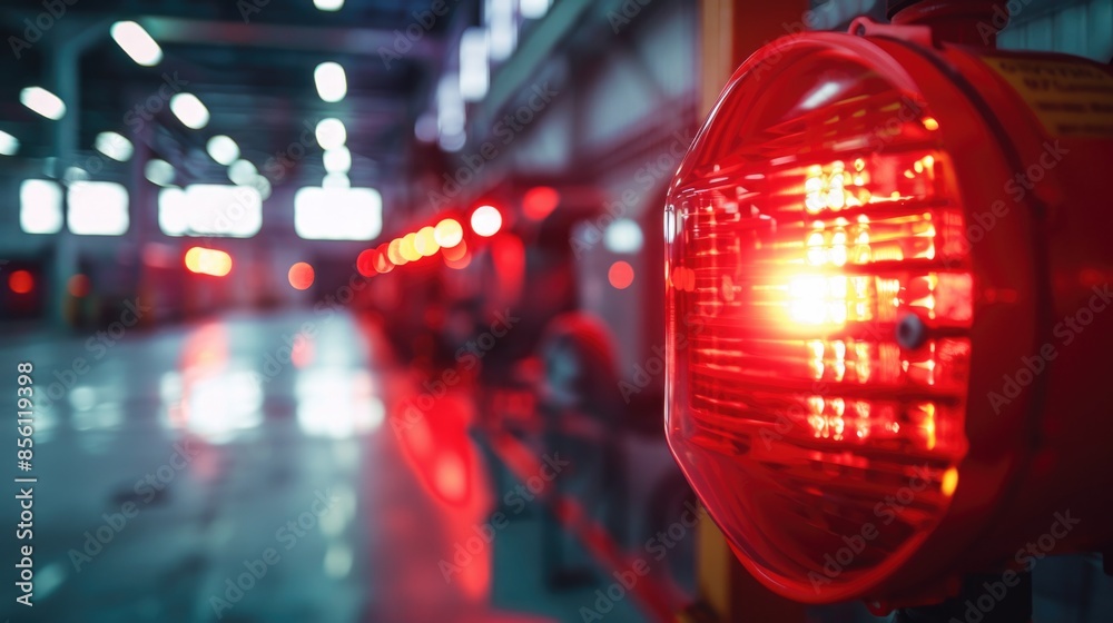 A red traffic light in a large warehouse setting A red traffic light in a large warehouse setting
